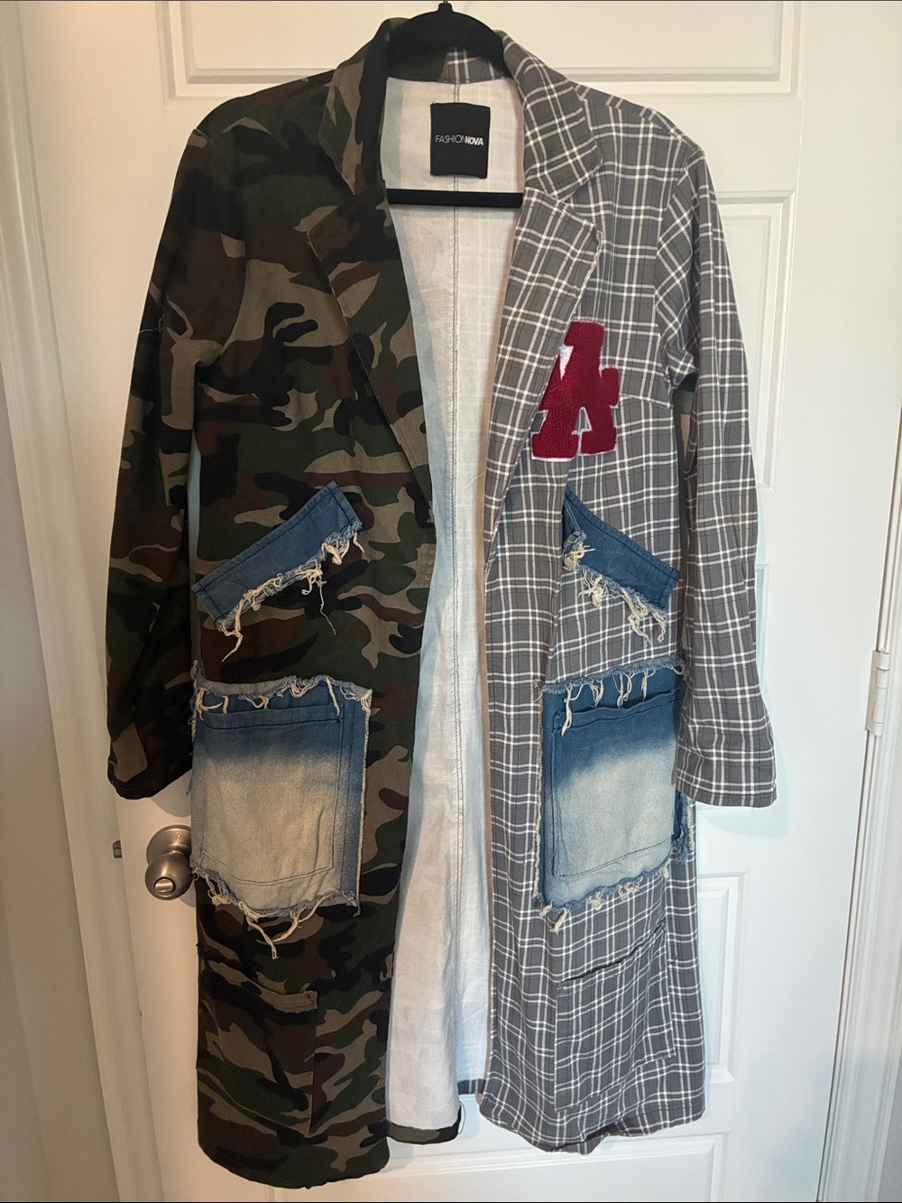 Fashion Nova Women’s Mixed Camouflage & Plaid Long Coat - Green/Gray